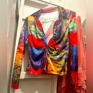 Multicolored long sleeve silk material button up
